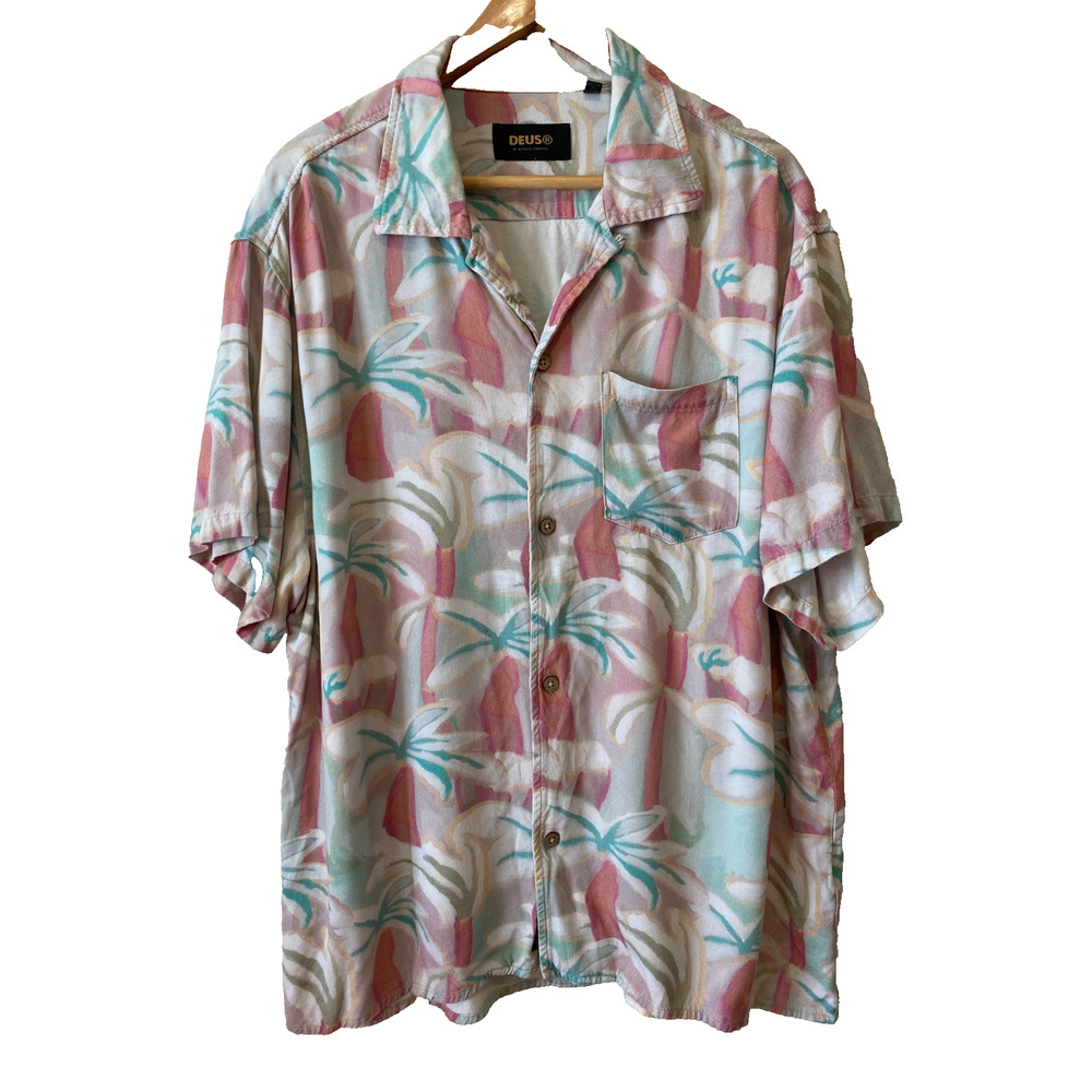 Deus Ex Machina Palm Tree Print Tropical Button‎ Up Polo Shirt Sz L Beach Resort